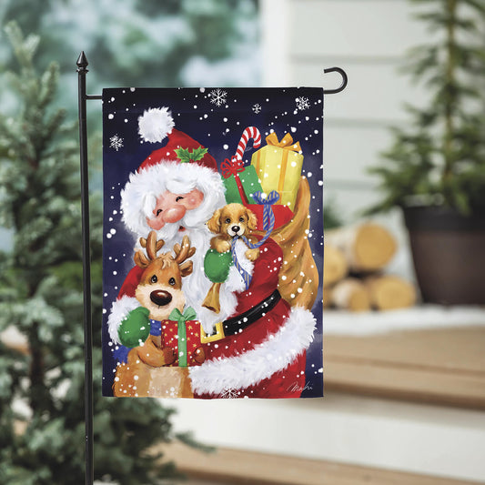 Santa, Reindeer and Puppy Suede Garden Flag