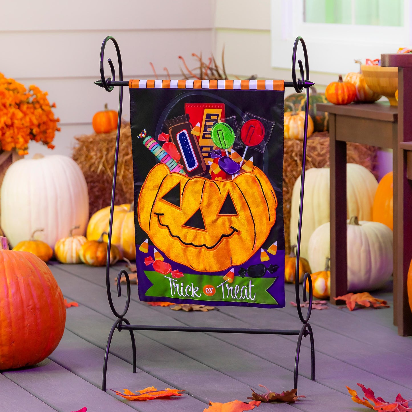 Trick or Treat Halloween Jack O'Lantern Pumpkin Bucket Applique Garden Flag