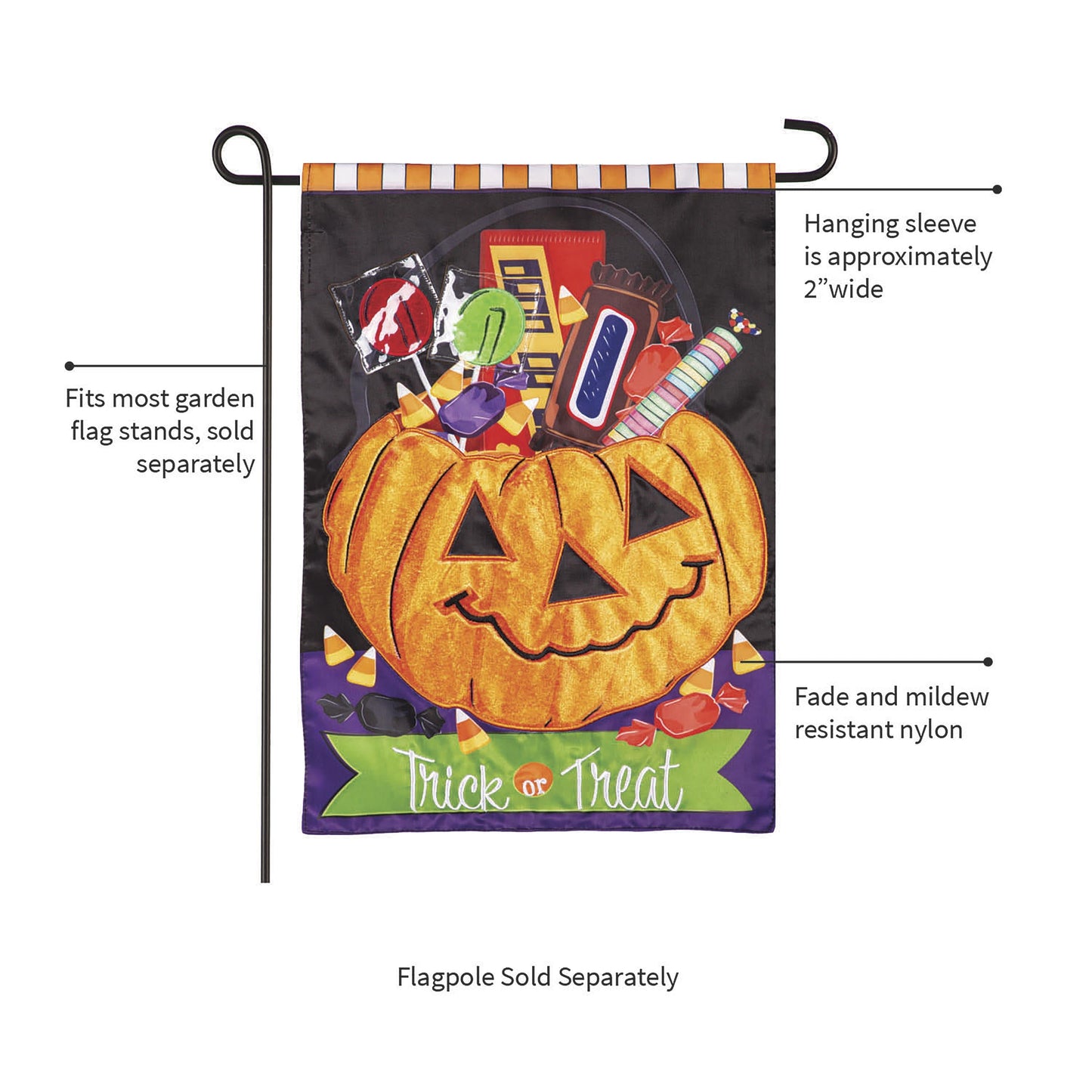 Trick or Treat Halloween Jack O'Lantern Pumpkin Bucket Applique Garden Flag