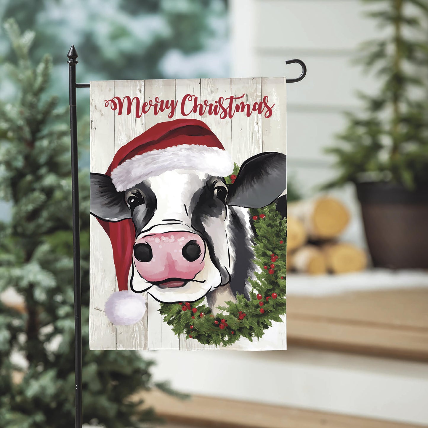 Christmas Cow Burlap Garden Flag