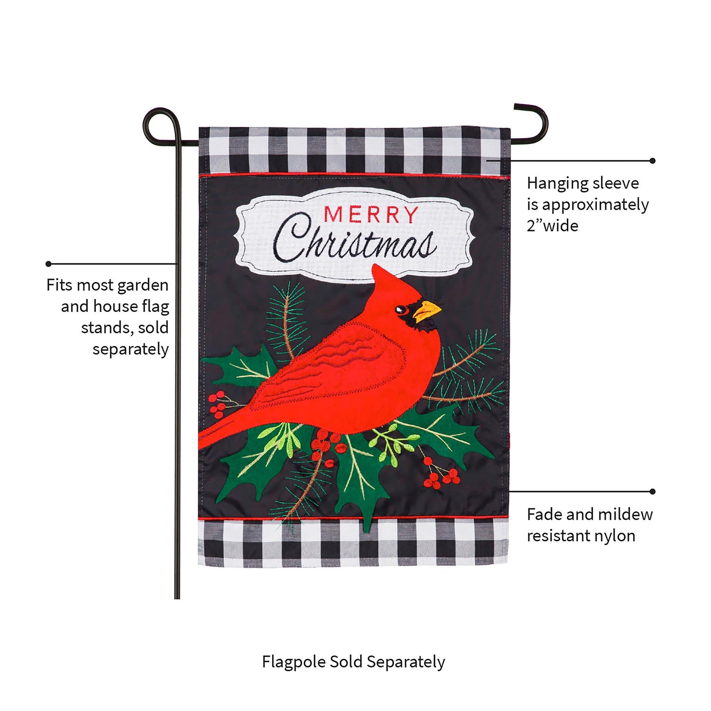 Merry Christmas Cardinal Applique Garden Flag