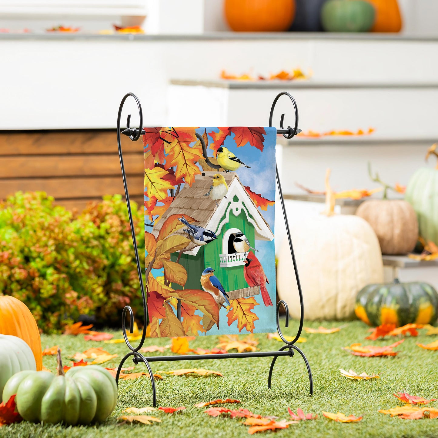 Colorful Bird House Suede Garden Flag