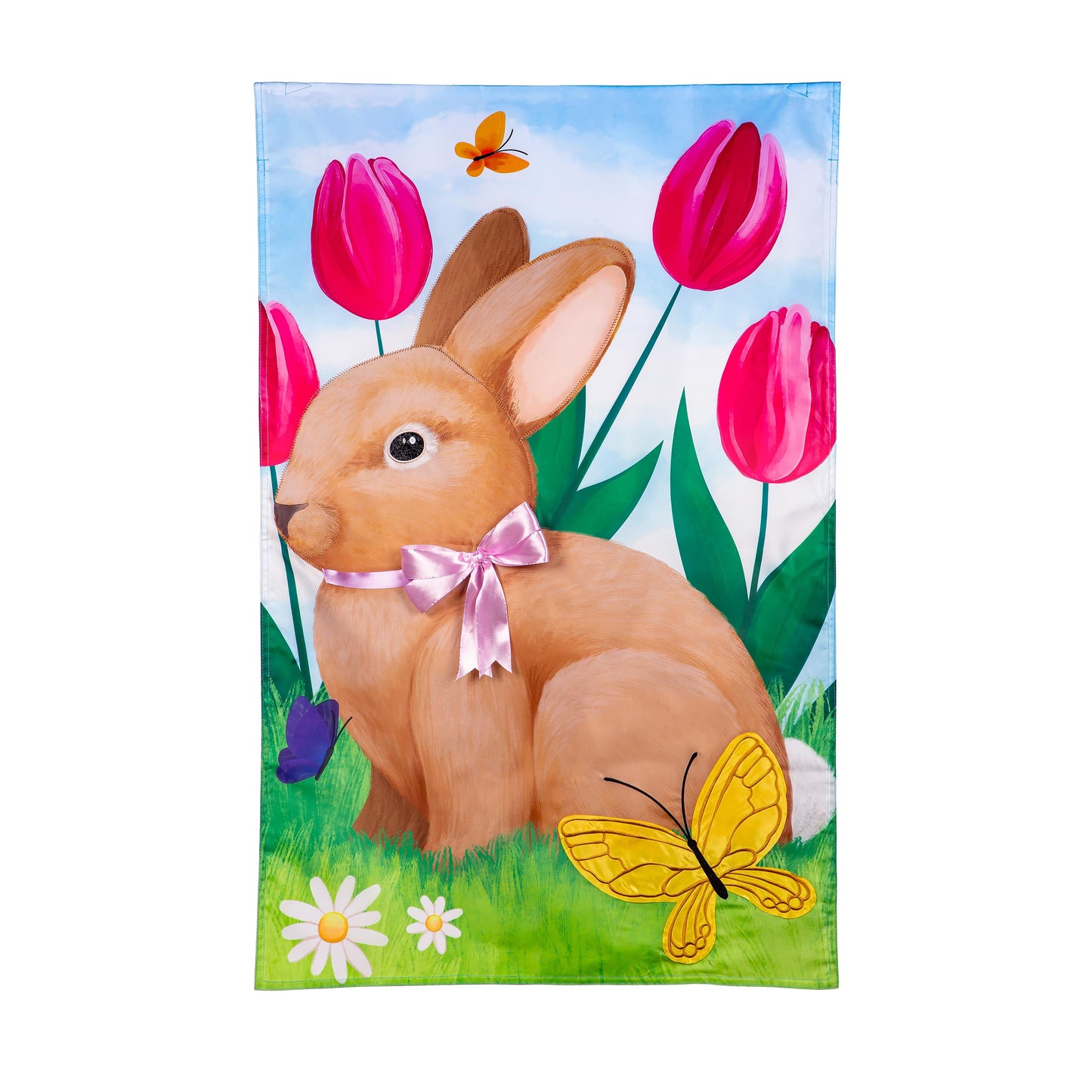 Tulips and Bunny Friend Applique House Flag
