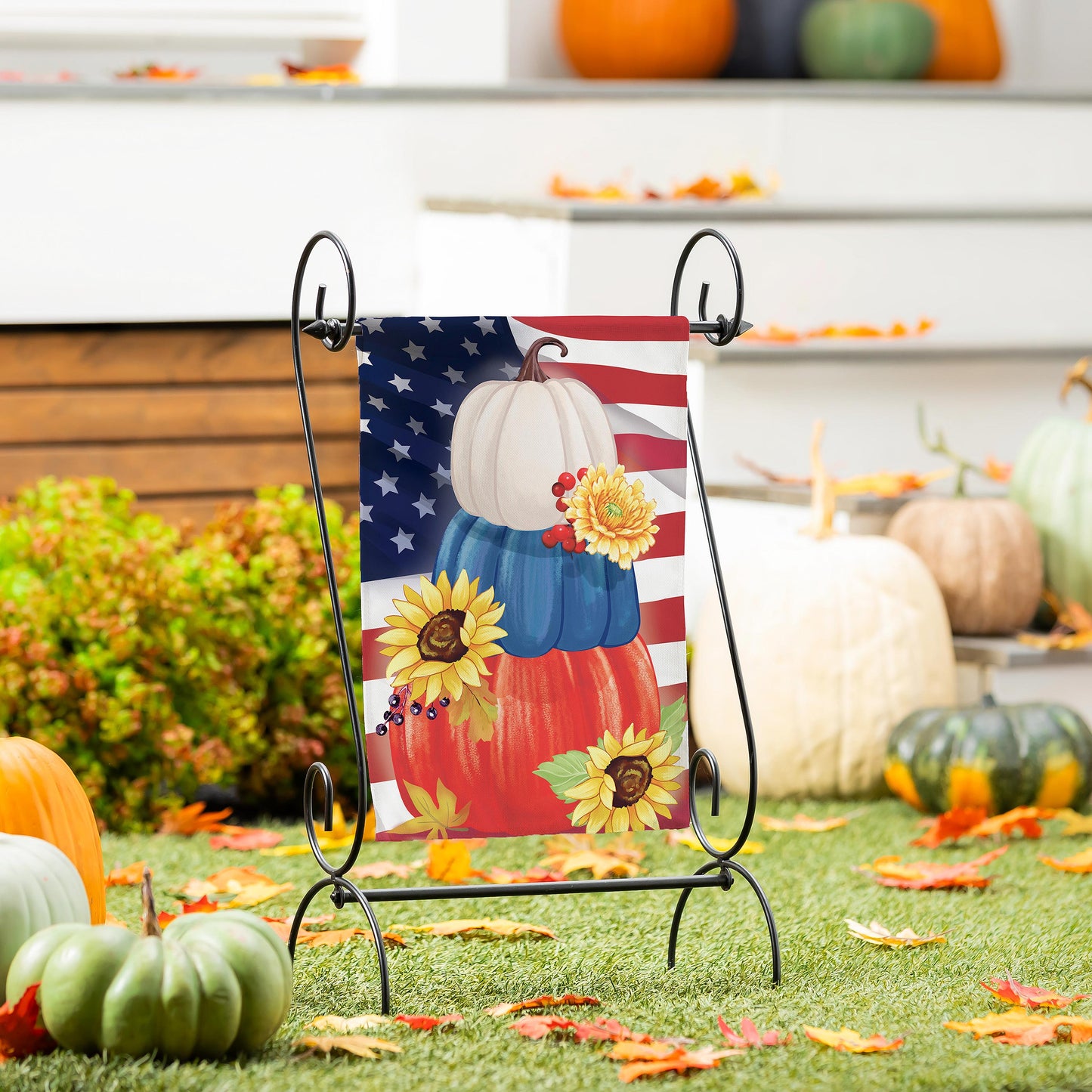 American Pumpkin Stack Suede Garden Flag