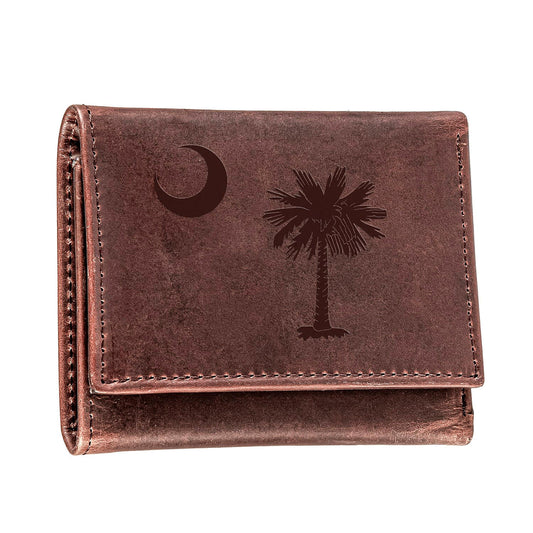 Tri-Fold Wallet, Brown, CH, 100% Genuine Leather, South Carolina State Flag Logo