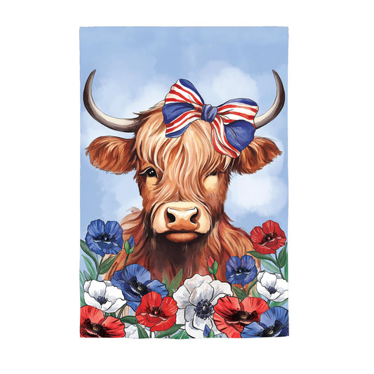 Patriotic Highland Cow Applique House Flag