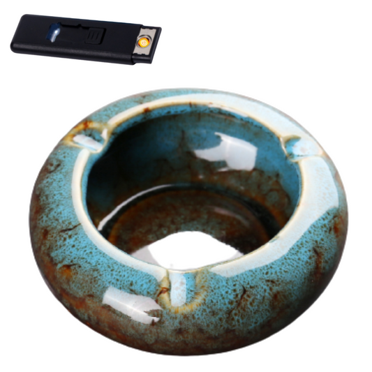 Round Glossy Ceramic Ashtrays + Flameless Lighter (BLUISH)
