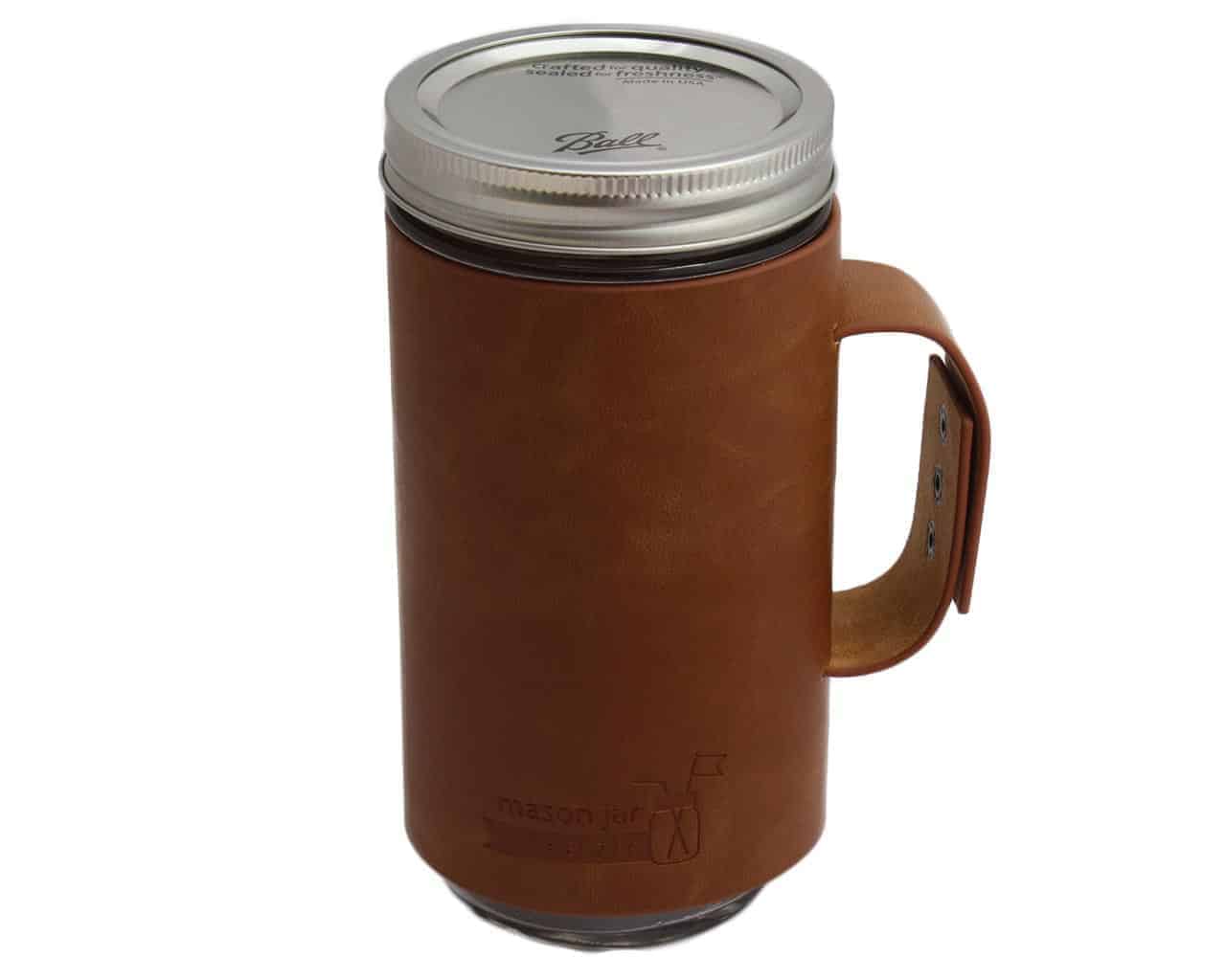 Faux Leather Sleeve with Handle / Travel Mug for Pint & Half Mason Jars