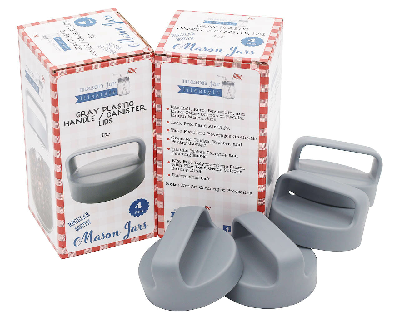 Gray Plastic Handle/Canister Lids for Regular Mouth Mason Jars 4 Pack