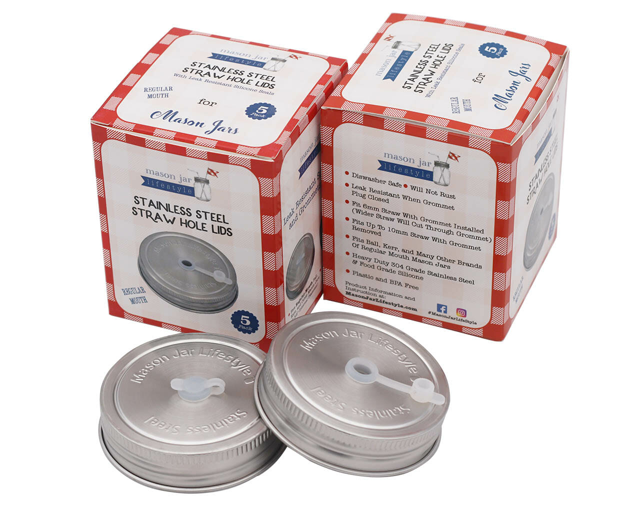 Straw Hole Tumbler Stainless Steel Lids for Mason Jars 5 Pack