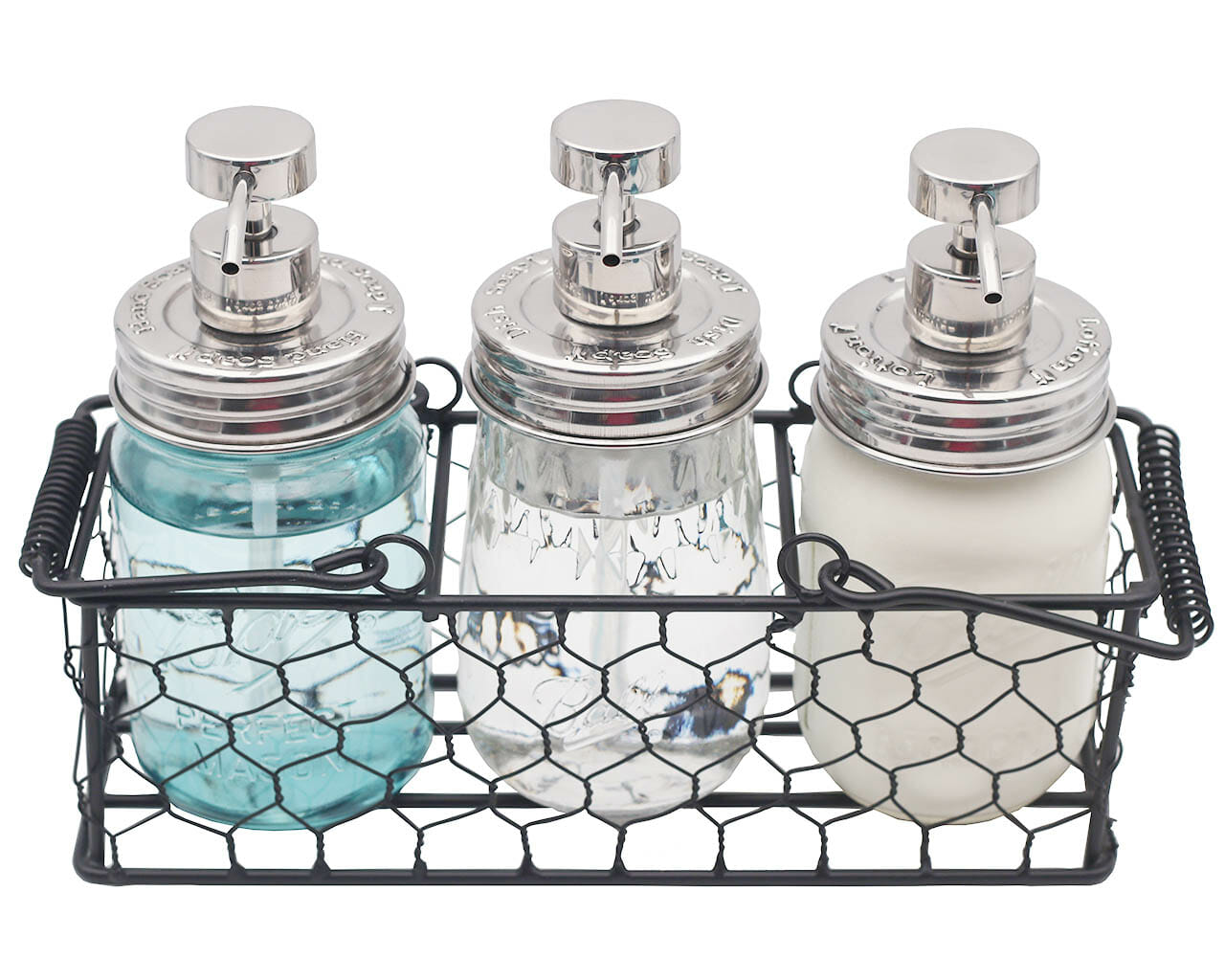 "Hand Soap," "Dish Soap," and "Lotion" Embossed Shiny Dispenser Pumps for Regular Mouth Mason Jars 3 Pack