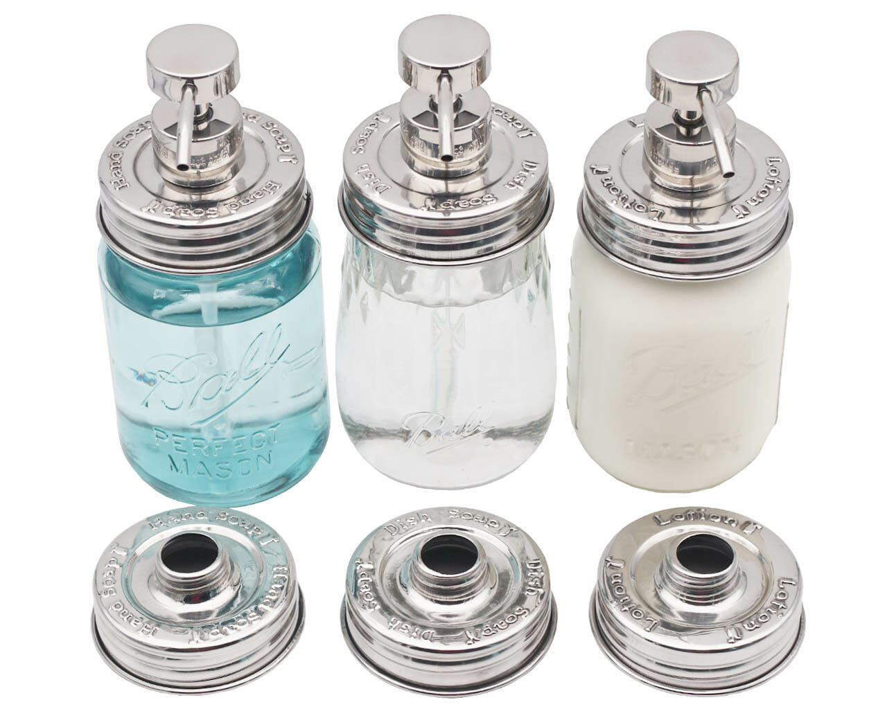 "Hand Soap," "Dish Soap," and "Lotion" Embossed Shiny Dispenser Pumps for Regular Mouth Mason Jars 3 Pack