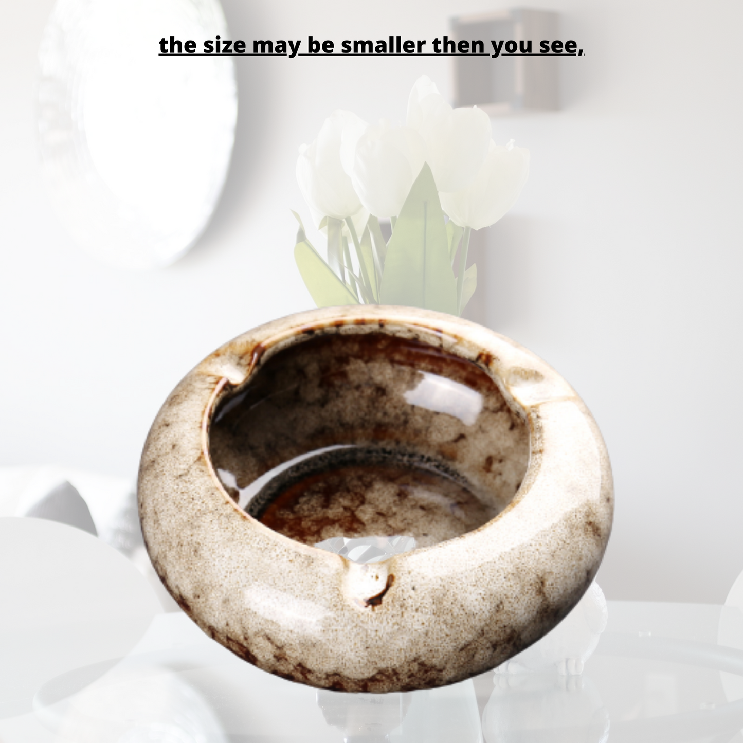 Round Glossy Ceramic Ashtrays + Flameless Lighter (WHITISH)