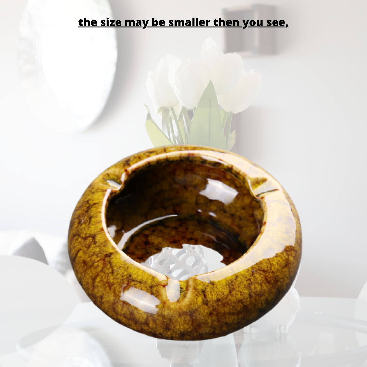 Round Glossy Ceramic Ashtrays + Flameless Lighter (BROWNISH)