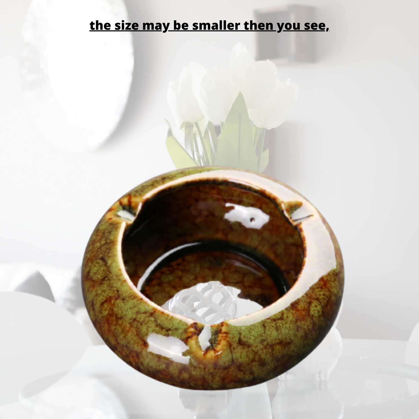 Round Glossy Ceramic Ashtrays + Flameless Lighter (GREENISH)