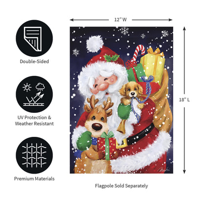 Santa, Reindeer and Puppy Suede Garden Flag