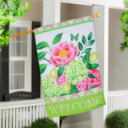 Floral Welcome Burlap House Flag