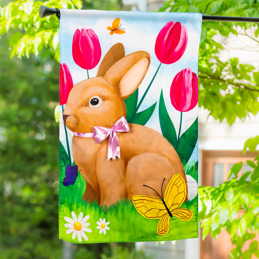 Tulips and Bunny Friend Applique House Flag