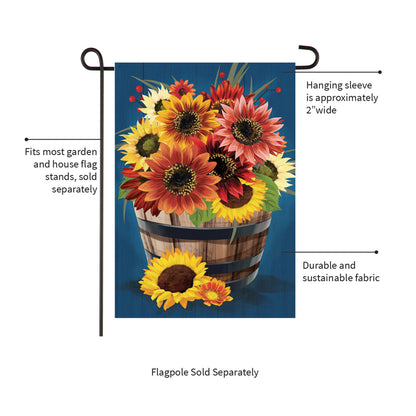 Barrel Of Blooms & Pumpkins Burlap Garden Flag