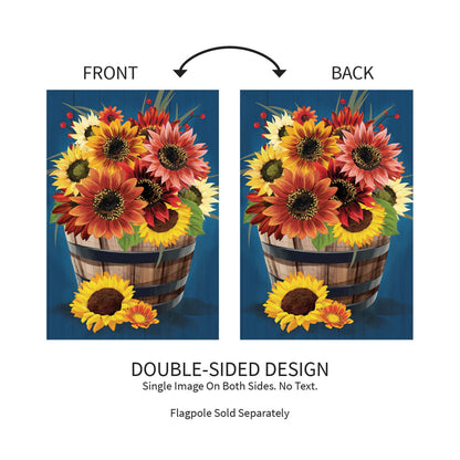 Barrel Of Blooms & Pumpkins Burlap Garden Flag