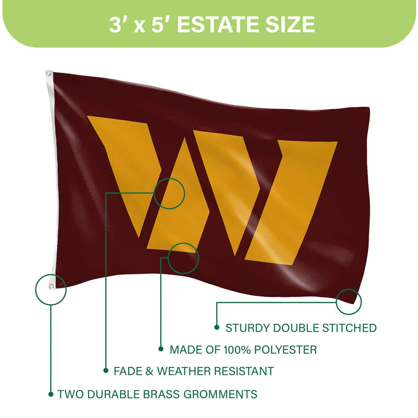 3'x5' Single Sided Flag w/ 2 Grommets, Washington Commanders