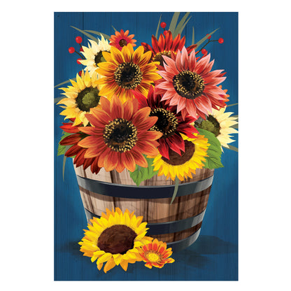 Barrel Of Blooms & Pumpkins Burlap Garden Flag