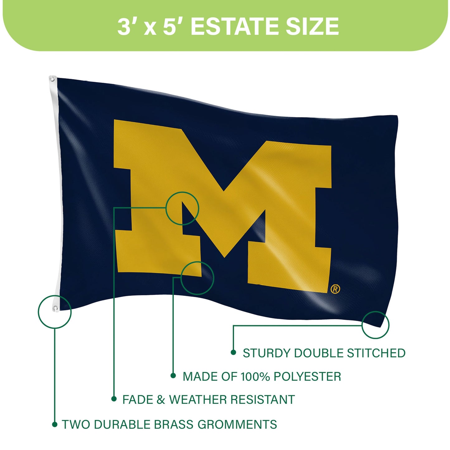 University Of Michigan Single Sided Flag w/ 2 Grommets, 3'x5'