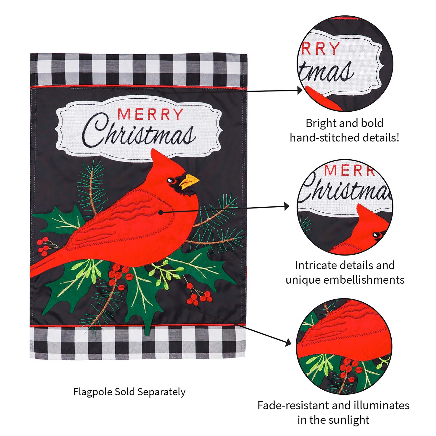 Merry Christmas Cardinal Applique Garden Flag