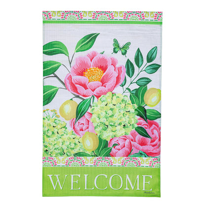 Floral Welcome Burlap House Flag