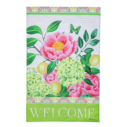 Floral Welcome Burlap House Flag