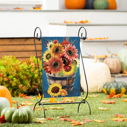 Barrel Of Blooms & Pumpkins Burlap Garden Flag