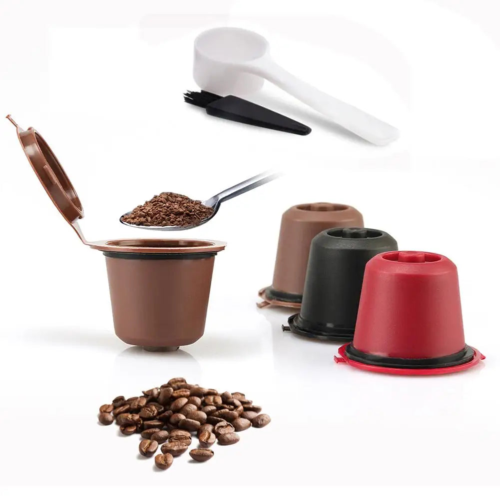 Set of 3 Refillable Nespresso Machine Filter Cups with a Spoon and Brush