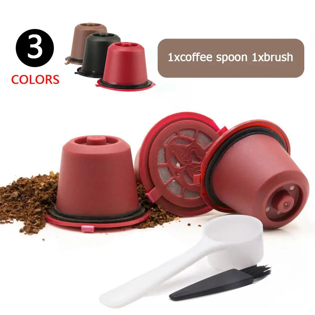 Set of 3 Refillable Nespresso Machine Filter Cups with a Spoon and Brush