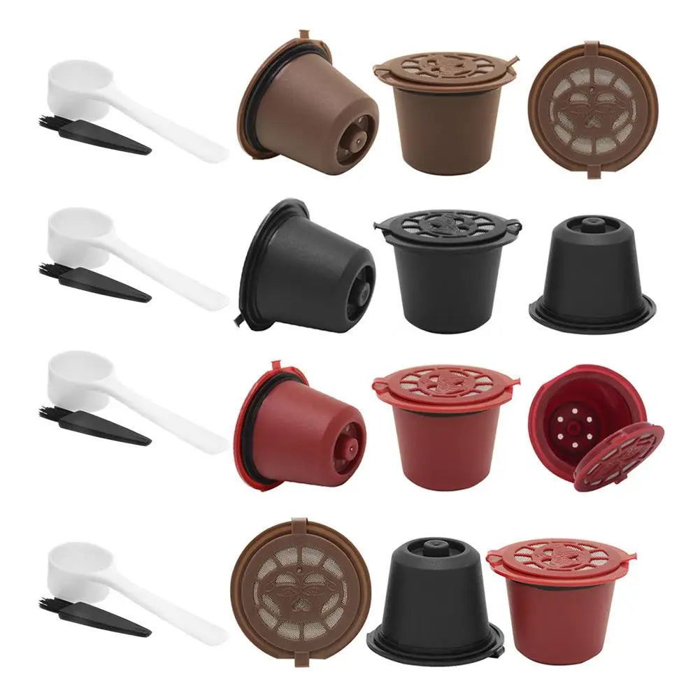 Set of 3 Refillable Nespresso Machine Filter Cups with a Spoon and Brush