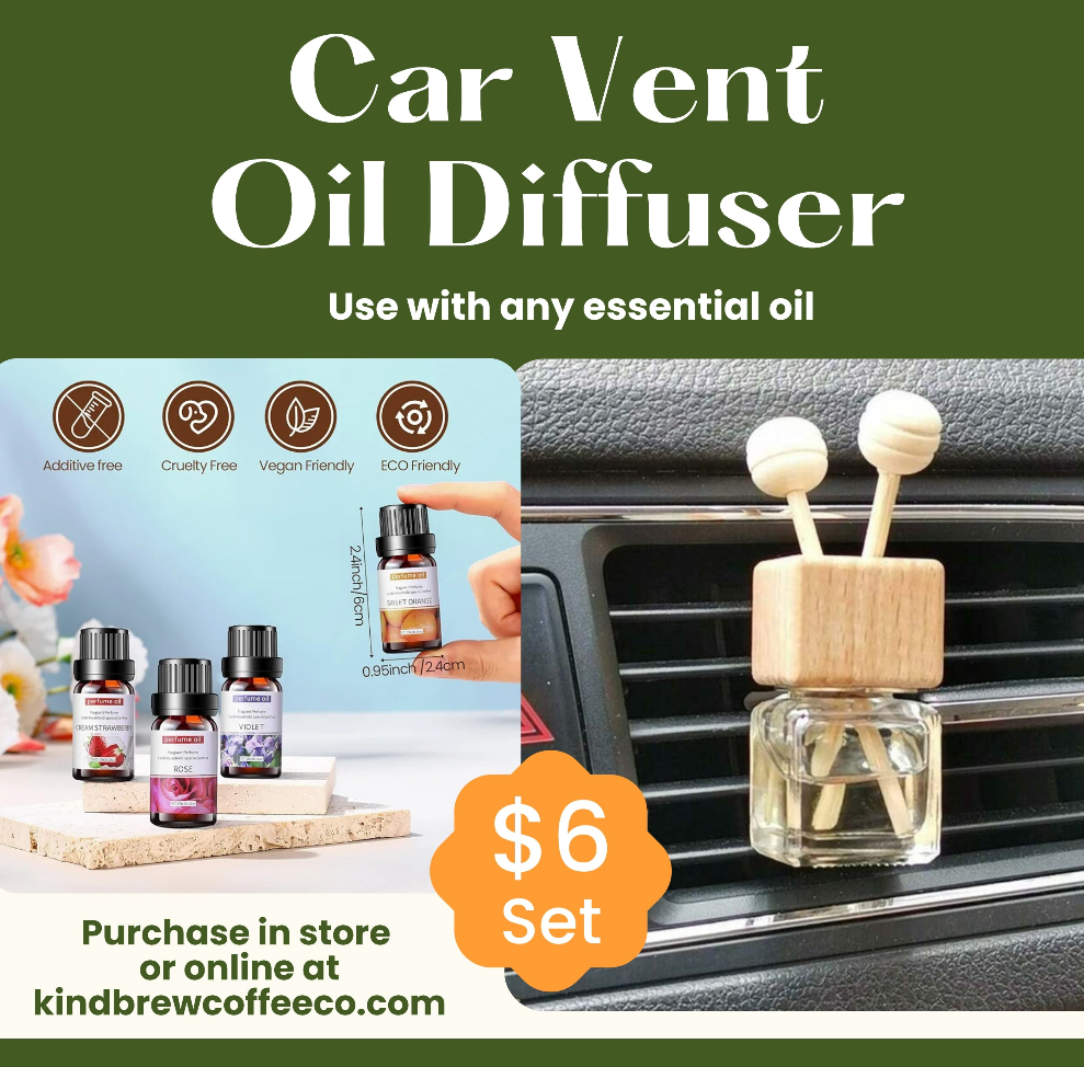 Car Vent Oil Diffuser with Essential Oil – Glass & Wood Aromatherapy Clip (10ml Bottle Included)