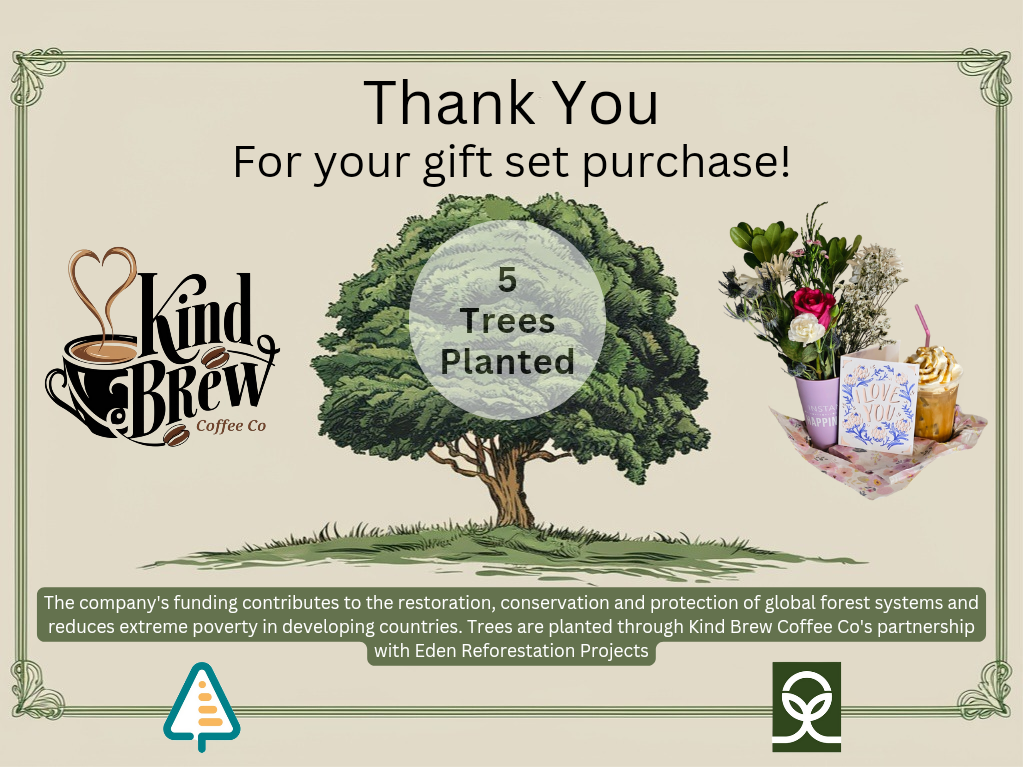 Flower Bouquet, Card & Iced Latte Delivery Service Plus 5 Trees Planted