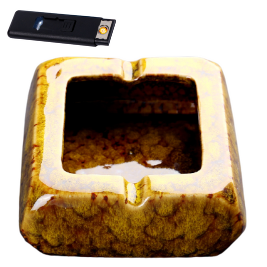 Square Glossy Ceramic Ashtray + Flameless Lighter (BROWNISH)