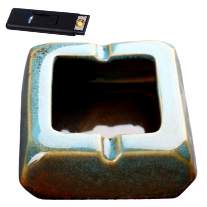 Square Glossy Ceramic Ashtray + Flameless Lighter (BLUISH)