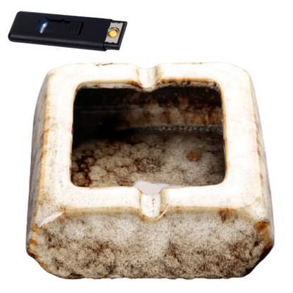 Square Glossy Ceramic Ashtray + Flameless Lighter (WHITISH)