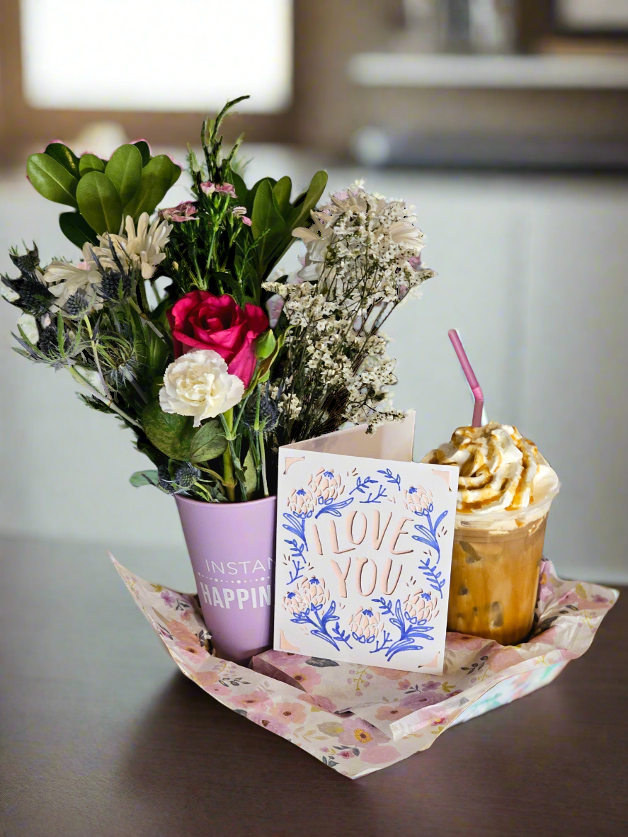 Flower Bouquet, Card & Iced Latte Delivery Service Plus 5 Trees Planted