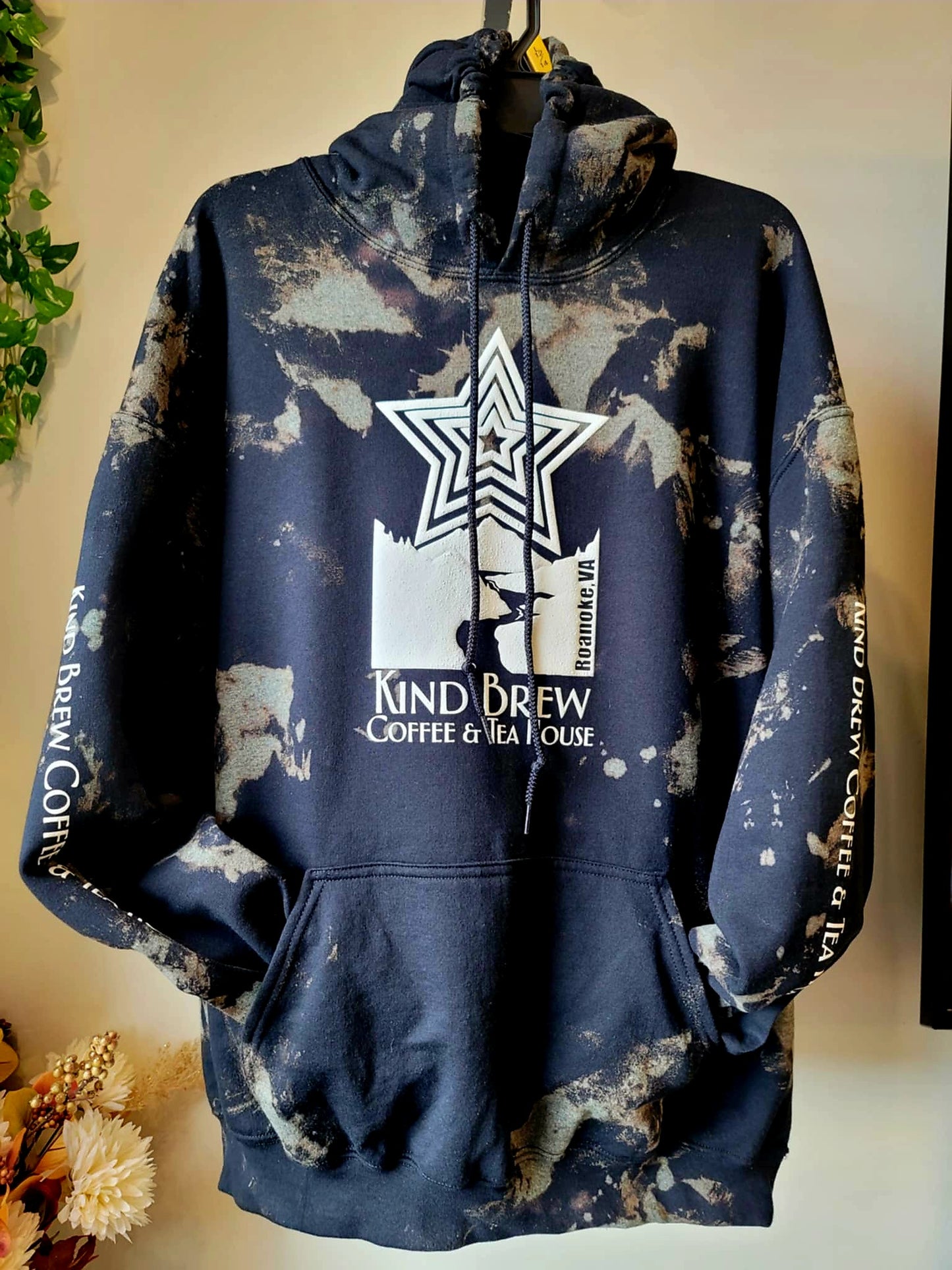Handmade Bleach Dyed Black Hoodie with Roanoke Star Vinyl Design – Kind Brew Coffee and Tea House