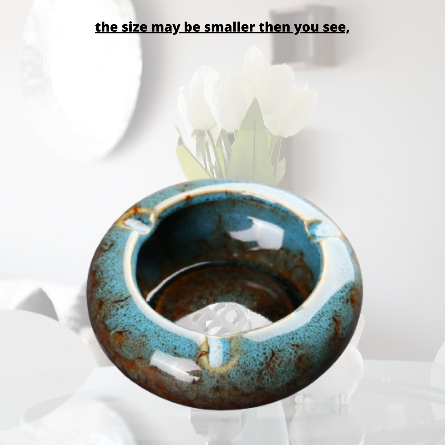 Round Glossy Ceramic Ashtrays + Flameless Lighter (BLUISH)